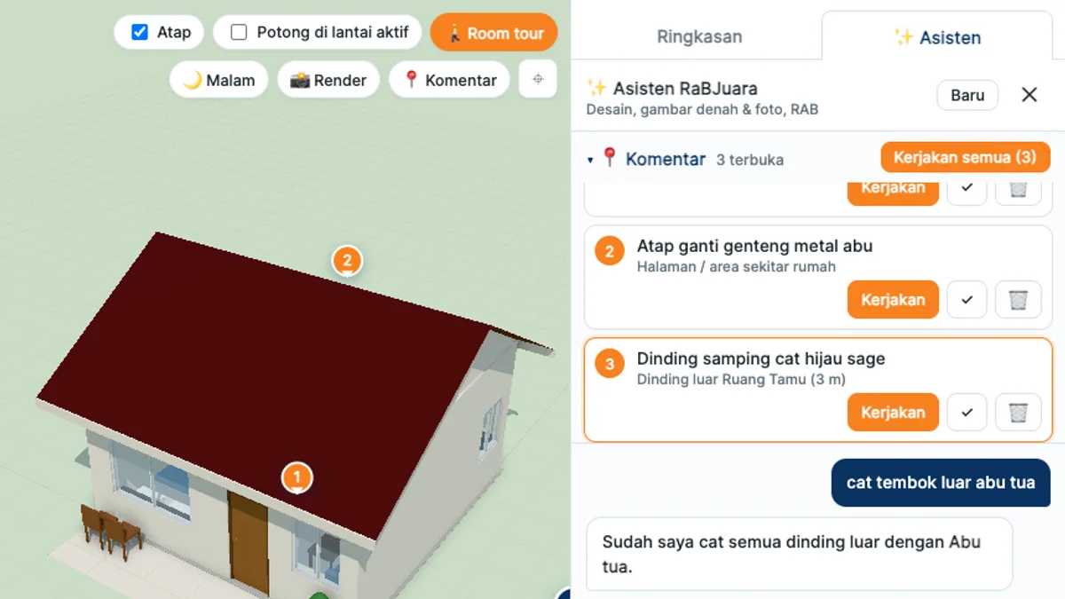 Asisten AI dan pin komentar di model 3D