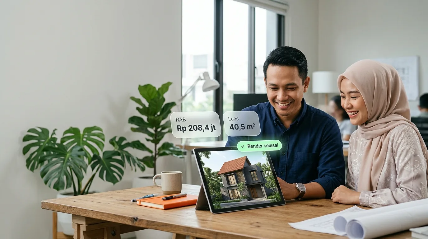 Kontraktor dan pemilik rumah melihat model 3D rumah dan RAB di tablet